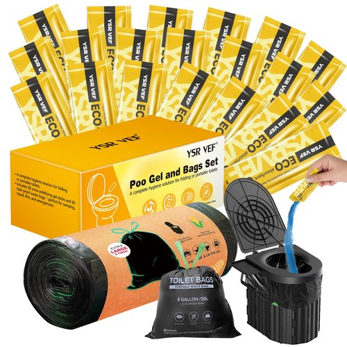 20 Portable Toilet Bags with 20 Poo Gels – 8 Gallon Leak-Proof Camping Toilet Waste Bags with Absorbent Gel for Portable Potty, Outdoor, RV, Hiking, Travel