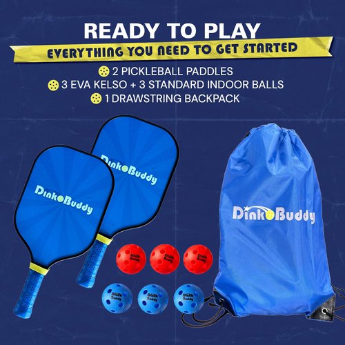Dink Buddy - 2-in-1 Play Everywhere Pickleball Practice Set, Complete Bundle with 3 Kelso + 3 Standard Balls, 2 Pickleball Paddles, & 1 Drawstring Backpack