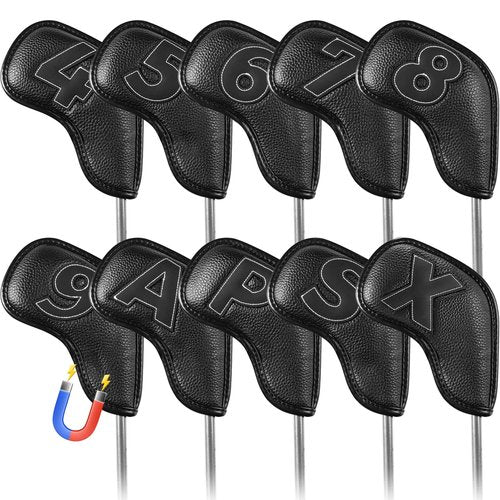 Golf Iron Covers Set Strong Magnetic Closure Value 10 Pack, Double Side Number Synthetic Leather Deluxe Club Headcover, Universal Head Cover Fit Main Irons Clubs for Women Men (Black)