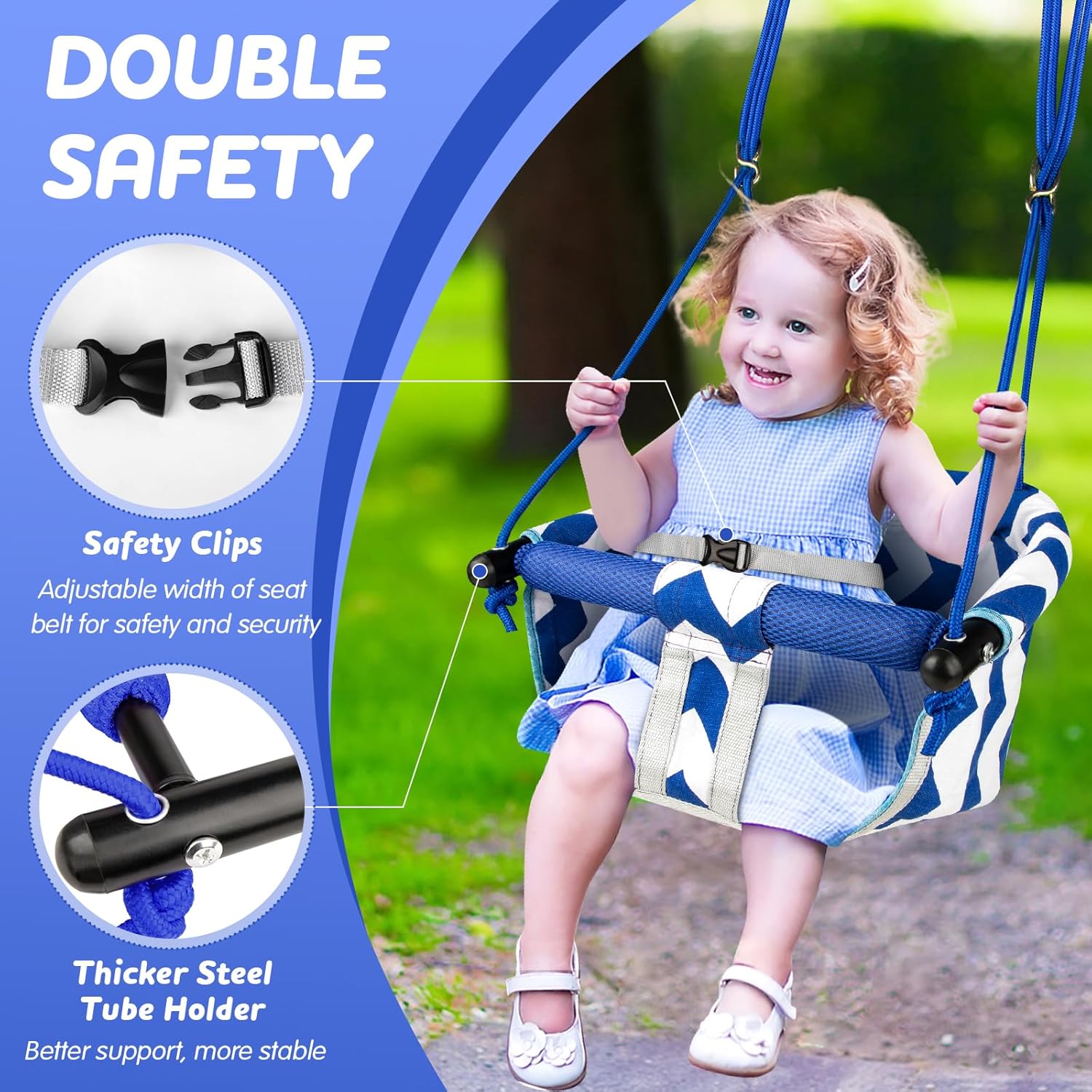 Skiennix Toddler Swing - Comfy Indoor/Outdoor Baby Swing Seat with Safety Harness | Easy Installation, Blue