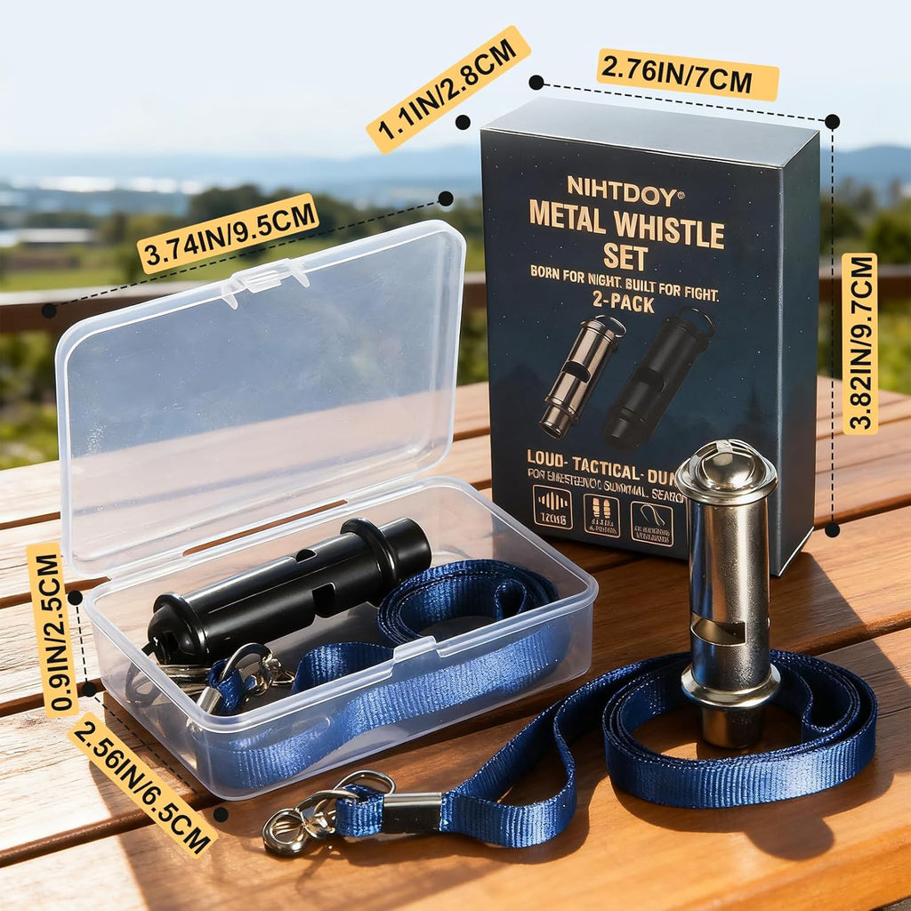 Skiennix Emergency Whistles - 120dB Pealess Safety Whistles with Nylon Lanyards & Case | Black & Silver, Ideal for Hiking & Camping