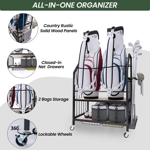 FLYJOE Golf Bag Organizer Storage Golf Bag Rack for Two Golf Bags with Clubs Holder and Golf Equipment Accessories Movable Lockable Wheels for Garage