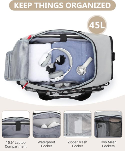 MCBD 45L Gym Bag - Versatile Travel Duffle with Shoe & Laptop Compartment | Grey Weekender Tote