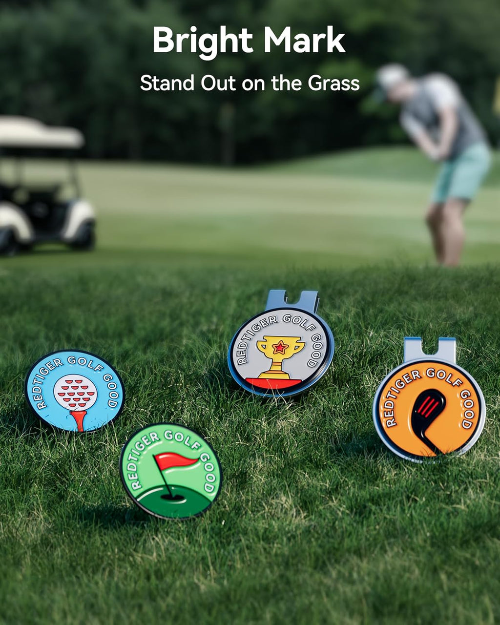 REDTIGER Magnetic Golf Ball Marker Set - 4 Colorful Metal Markers with 2 Hat Clips for Golf Lovers