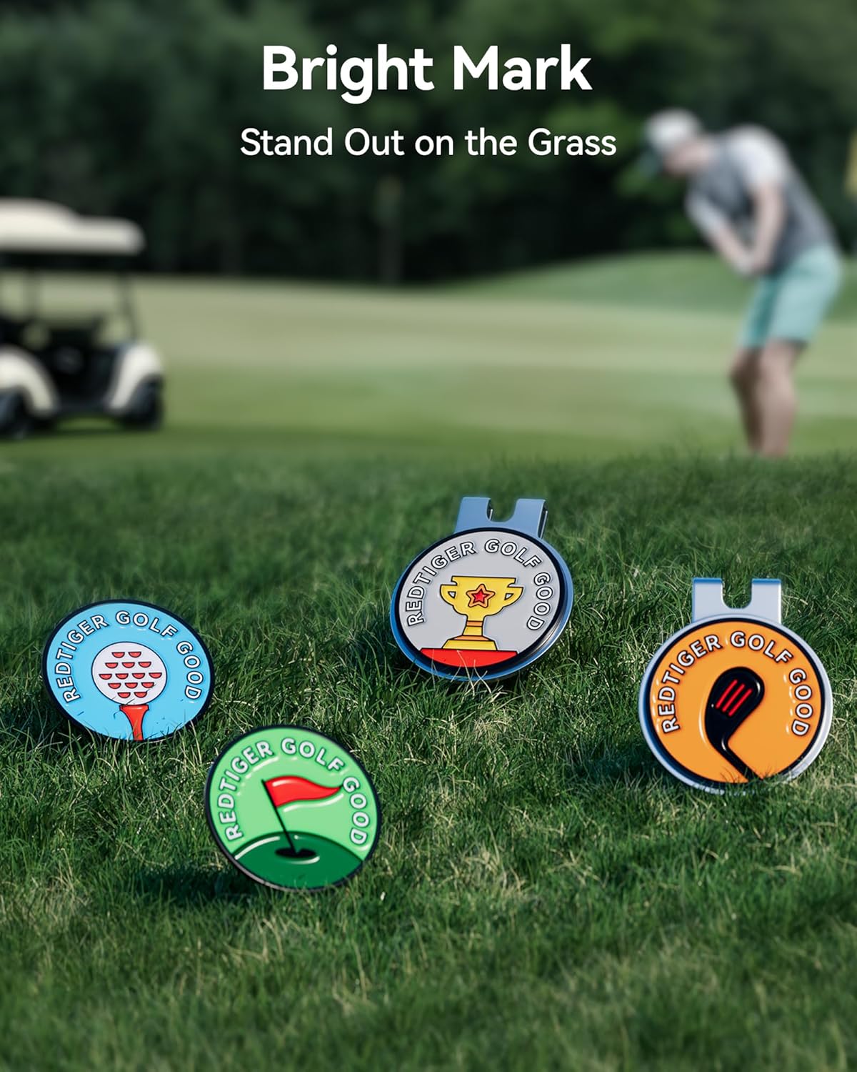 REDTIGER Magnetic Golf Ball Marker Set - 4 Colorful Metal Markers with 2 Hat Clips for Golf Lovers