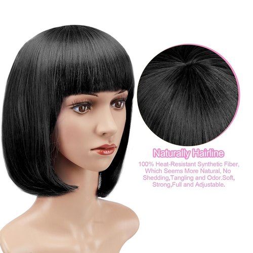 AGPTEK 13-Inch Straight Heat-Resistant Short Bob Wig with Flat Bangs for Women | Black Cosplay & Daily Wear