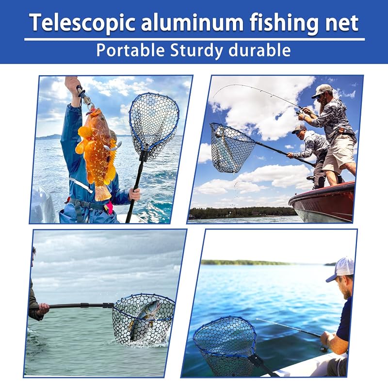 Telescoping Aluminum Fishing Net with Rubber Mesh, 3-Section Pole 64.5" - SEASPRO