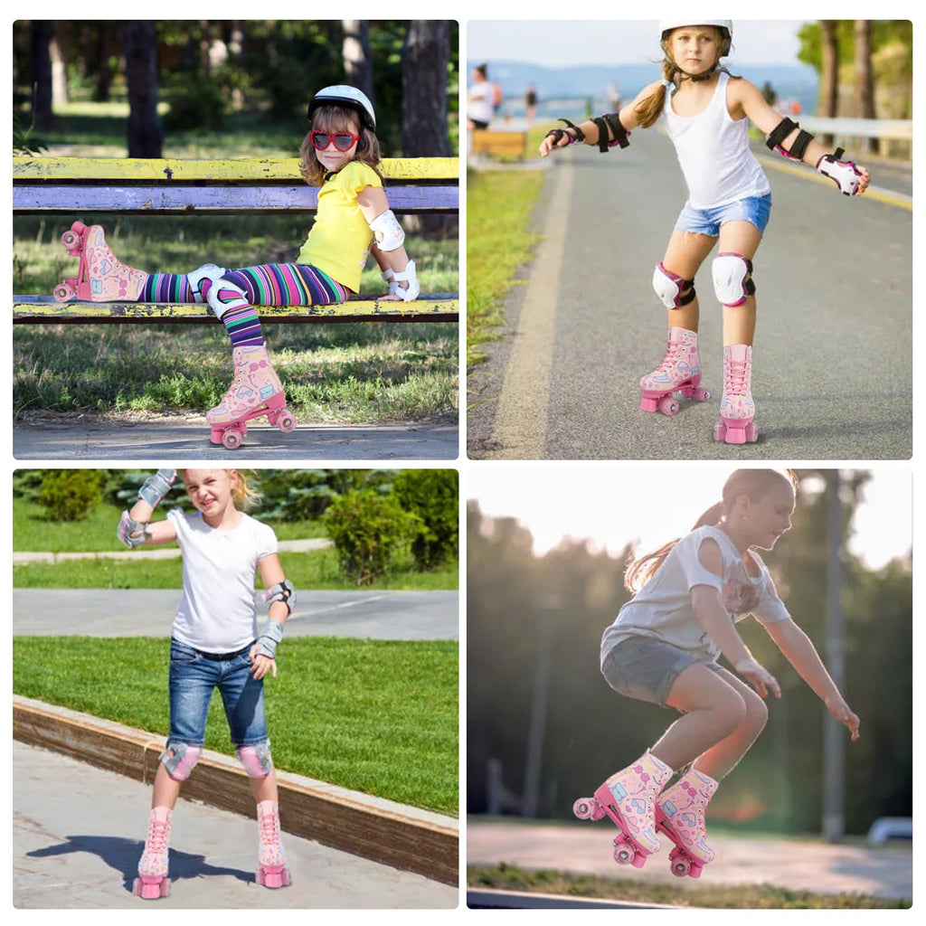 XUDREZ Roller Skates for Girls and Women, Stylish Pattern Pink Roller Skates with Light Up Wheels for Kids Youth Girls Ages 6-12 Indoor Outdoor (Pink,33-Youth 2)