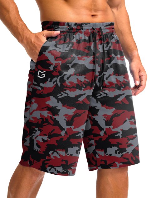 G Gradual Men's Athletic Shorts with Pockets 9" / 11" Long Basketball Shorts Lightweight Quick Dry Gym Workout Shorts for Men(Red Camo,L)