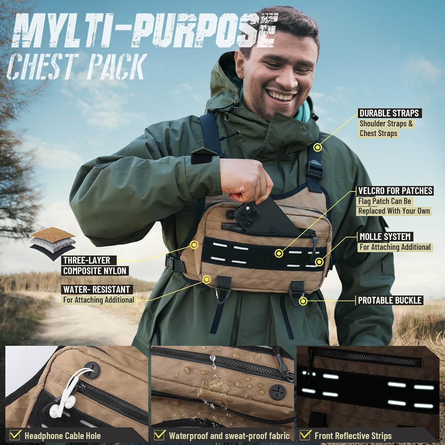 Skiennix Outdoor Sport Chest Rig - Versatile Running Vest Bag with Phone Holder | Brown for Cycling & Hiking