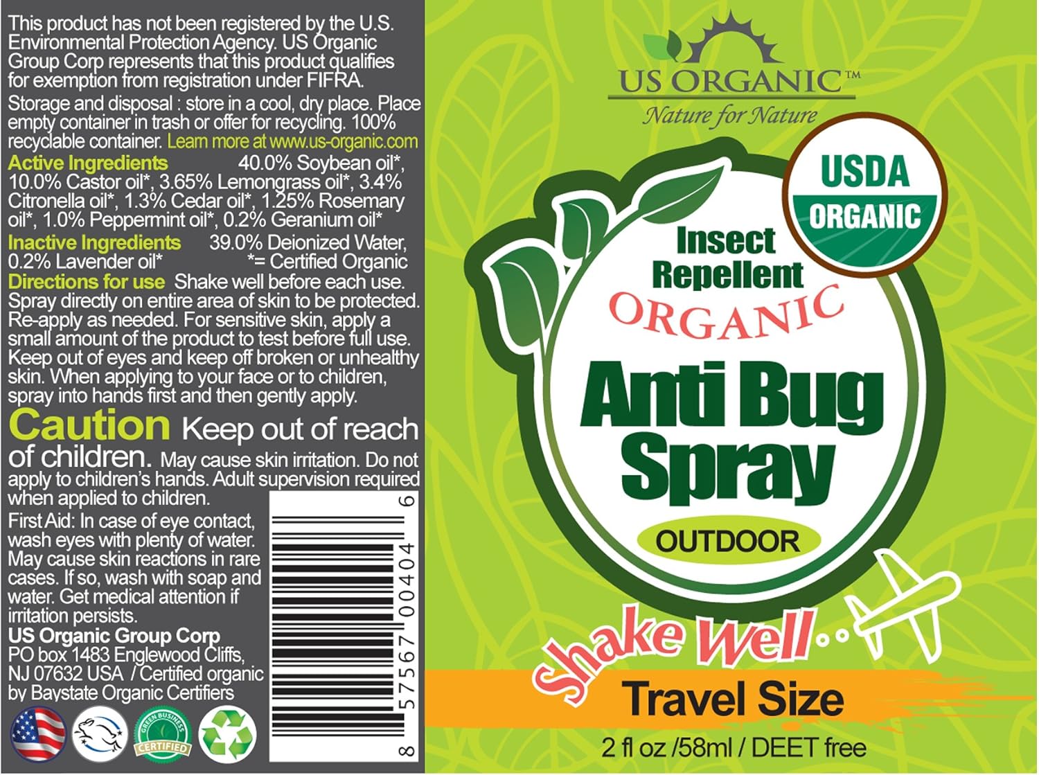 US Organic Mosquito Repellent Spray - Deet-Free, USDA Certified, Cruelty-Free | 2 oz Value Pack