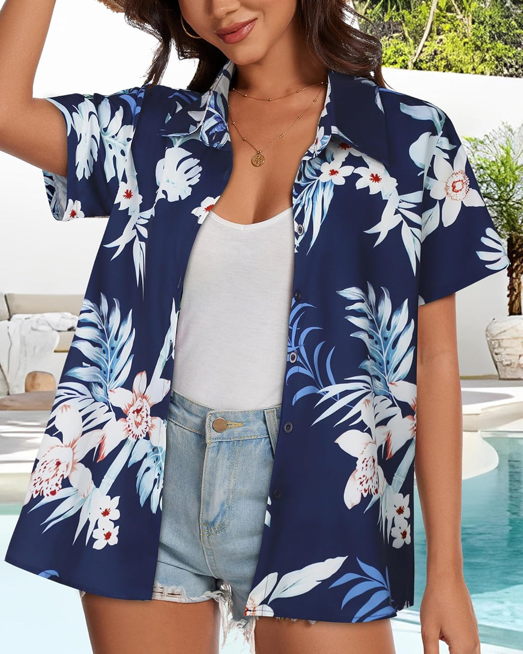 Skiennix Women’s Hawaiian Shirt - Cool Short Sleeve V-Neck Blouse for Summer Beach Outfits