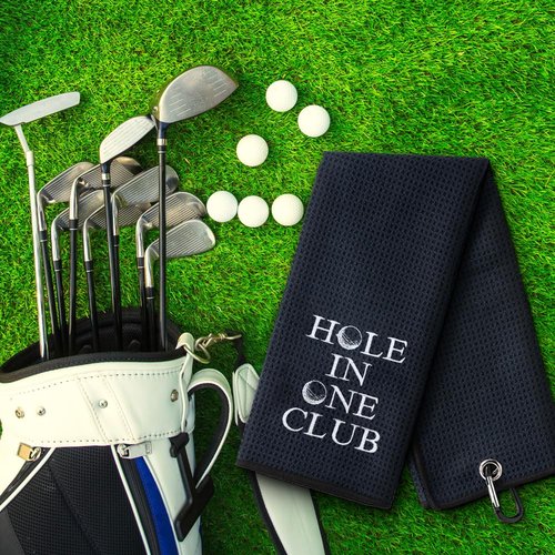 WUUCKOO Black Hole in One Club Embroidered Golf Towel, Funny Golf Towel for Golf Bag with Clip, Golf Accessories for Men, Birthday Gifts for Golfer