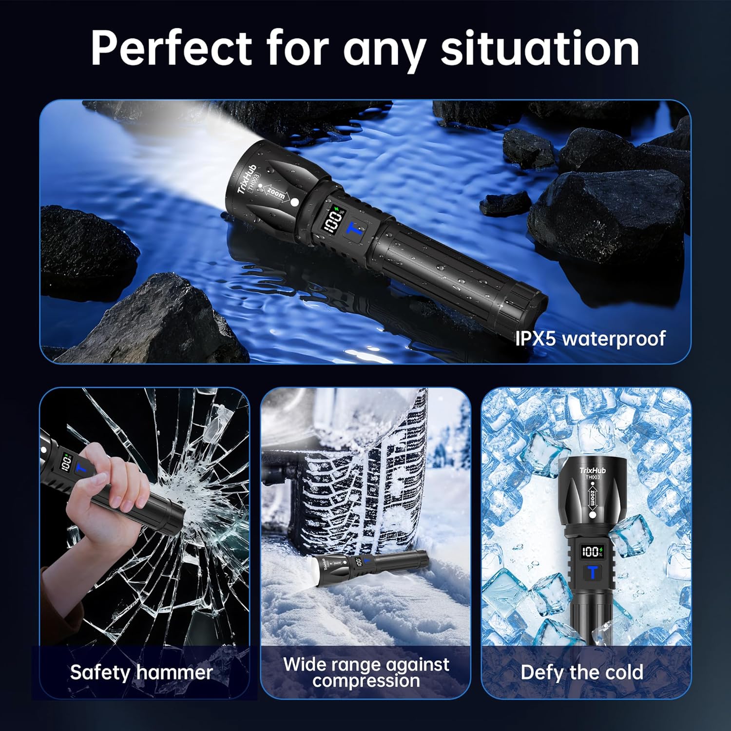 TrixHub Rechargeable Flashlights - 99,000 High Lumens | 5-Mode Tactical LED Light with LCD Display, 2-Pack