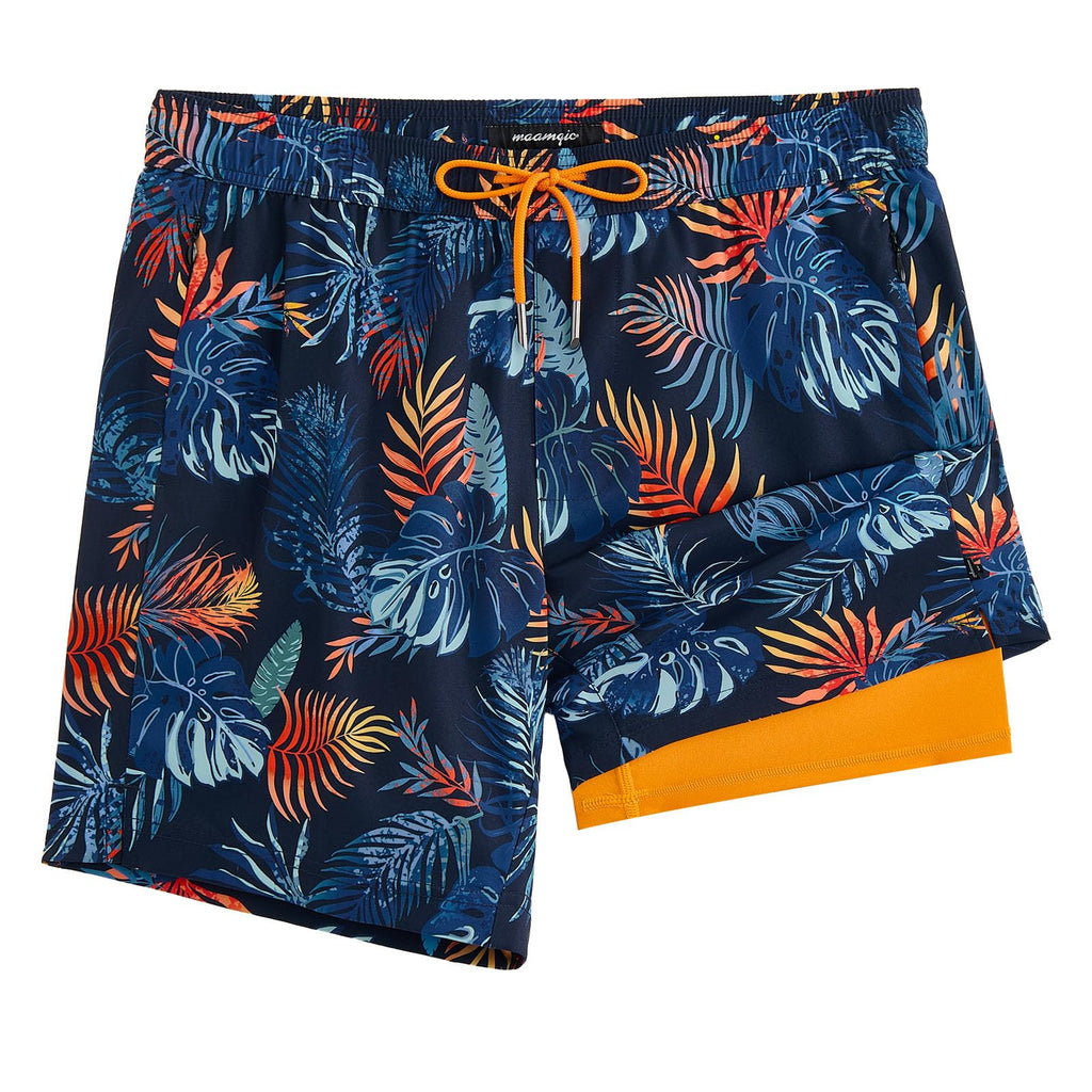 maamgic 2 in 1 Mens Swim Trunks 7 Inch Swim Shorts Swim Suits Board Shorts Palm Navy-Orange Small