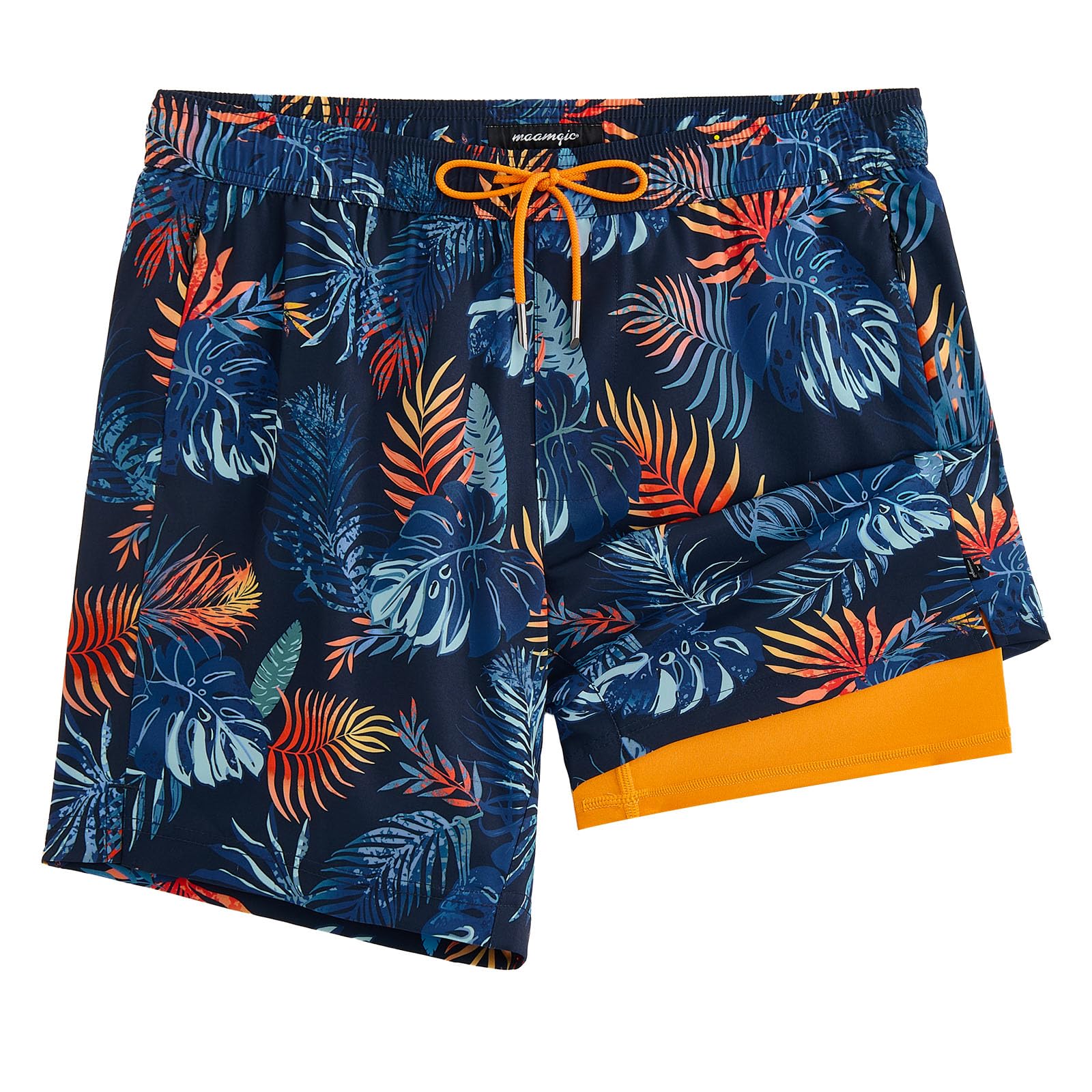 maamgic 2 in 1 Mens Swim Trunks 7 Inch Swim Shorts Swim Suits Board Shorts Palm Navy-Orange Small