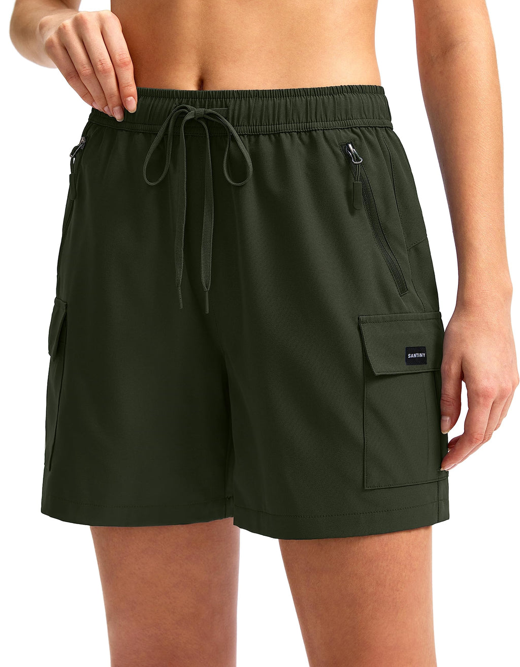 SANTINY Women's 5''/ 7''/9'' Hiking Cargo Shorts Quick Dry Lightweight Summer Shorts for Women Athletic Golf Zipper Pockets(Army Green_XL)