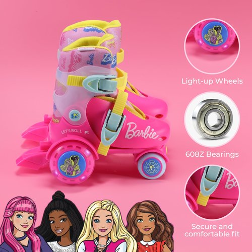 Barbie Kids Trainer Skates - Light Up Wheels, ABEC 5 Bearings, Durable PVC Material, Foam Shoe Lining, Perfect for Active Fun and Adventures, US Size 9-12