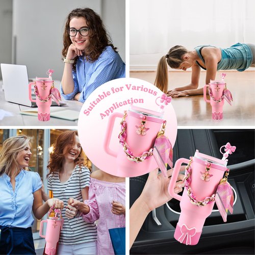 5PCS Butterfly Cup Accessories for Stanley Owala, Water Bottle Handle Strap for Stanley 30/40 oz, Including Straw Toppers, Silicone Cup Boot, Keychain Charms, Cup Decoration for Women Girls, Pink