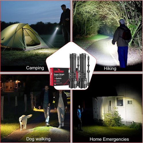 Flashlight 20000 High Lumens Rechargeable - 2 Pack 30W Super Bright LED Flash Light | 24H Long Lasting & 5000ft Beam USB C High Powered Handheld Police Flashlight for Home/Camping/Hiking/Emergency