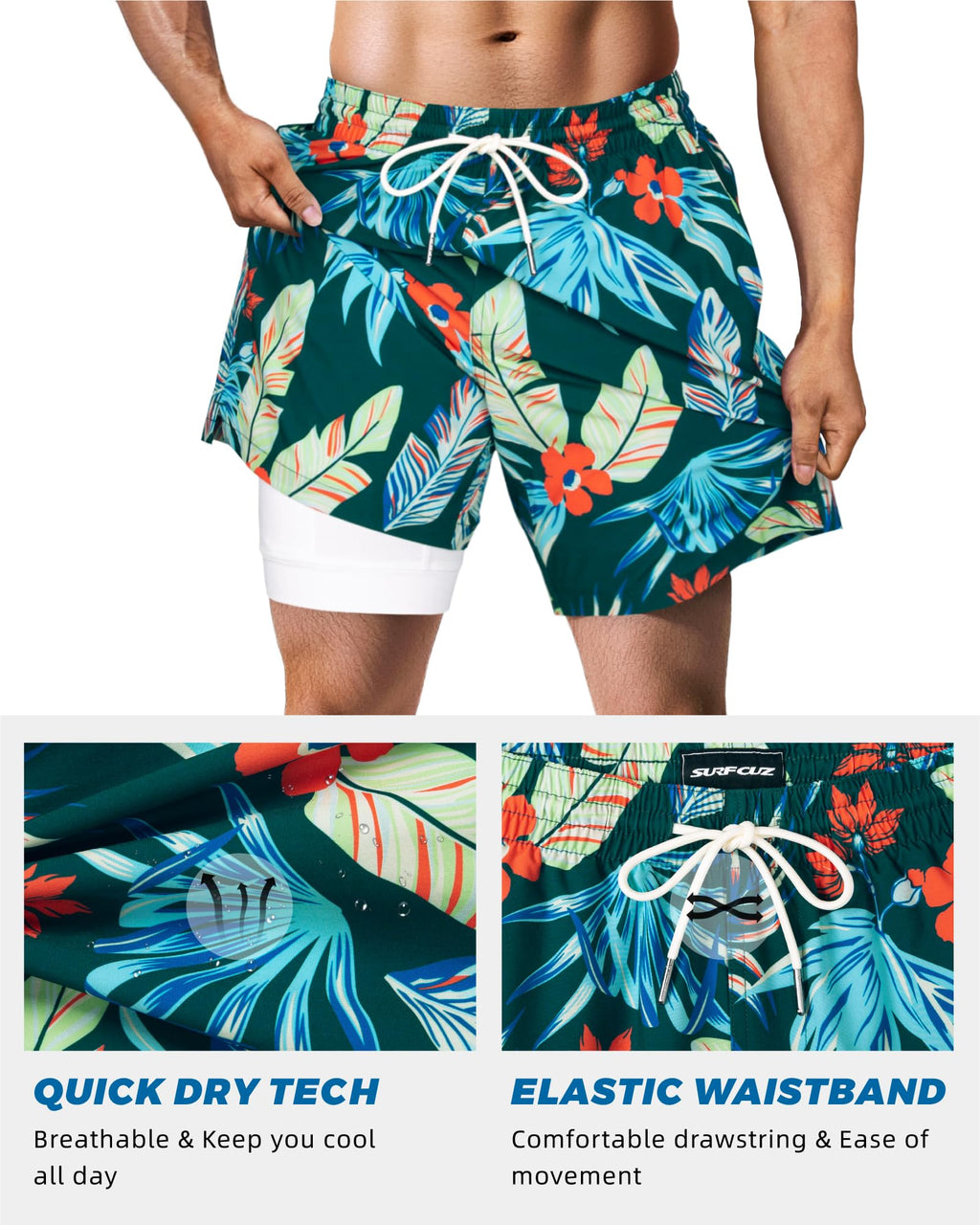 SURF CUZ Mens Swim Trunks with Compression Liner Quick Dry Swim Shorts 7" Swimming Trunks Stretch Zipper Pockets Green Feather Leaf X X-Large
