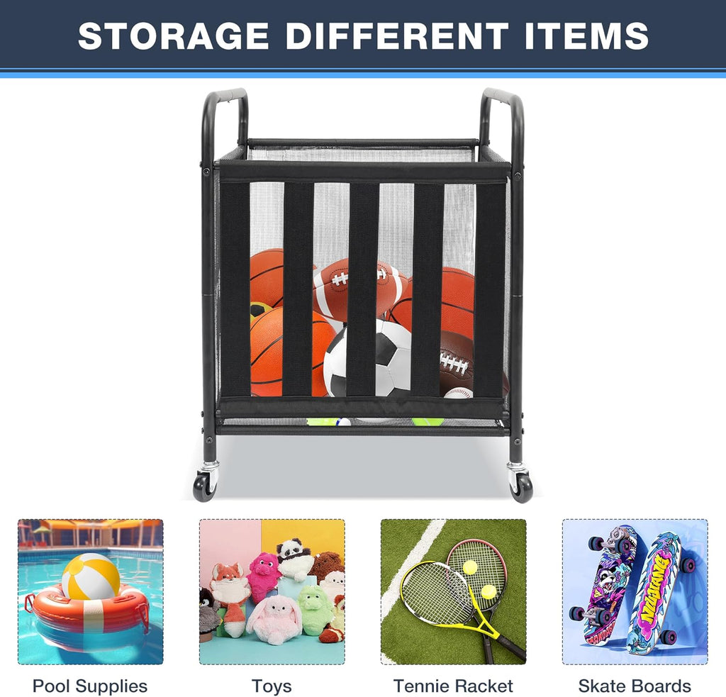 STO STO Rolling Sports Ball Storage Cart - Lockable Basketball Cage & Organizer | Steel Rack for Indoor/Outdoor Use, Black