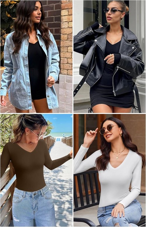 Ekouaer Women's Long Sleeve V-Neck Shirts - Slim Fit Lightweight Thermal Tops | 3-Pack for Fall 2024