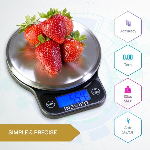 INEVIFIT Digital Kitchen Scale - Highly Accurate Multifunction Food Scale Up to 13 lbs | Modern Black with Stainless Steel Finish