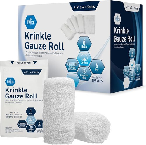 Med Pride Sterile Krinkle Gauze Rolls - Highly Absorbent 6-Ply Cotton Wound Dressing | 4.5'' x 4.1 Yards (6 Rolls)