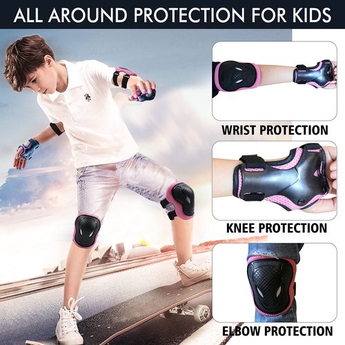 GTSBROS Knee Pads for Kids Knee Pads and Elbow Pads 6 in 1 Protective Gear Set with Wrist Guard for Boys Girls Skateboarding Inline Roller Skating Cycling Scooter(Pink)