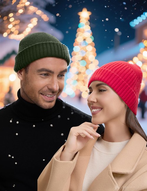 50% Wool Double Cuff Knit Beanie Hat for Men Women, Short Fisherman/Slouchy Winter Skull Cap Trawler Watch Cap, Red