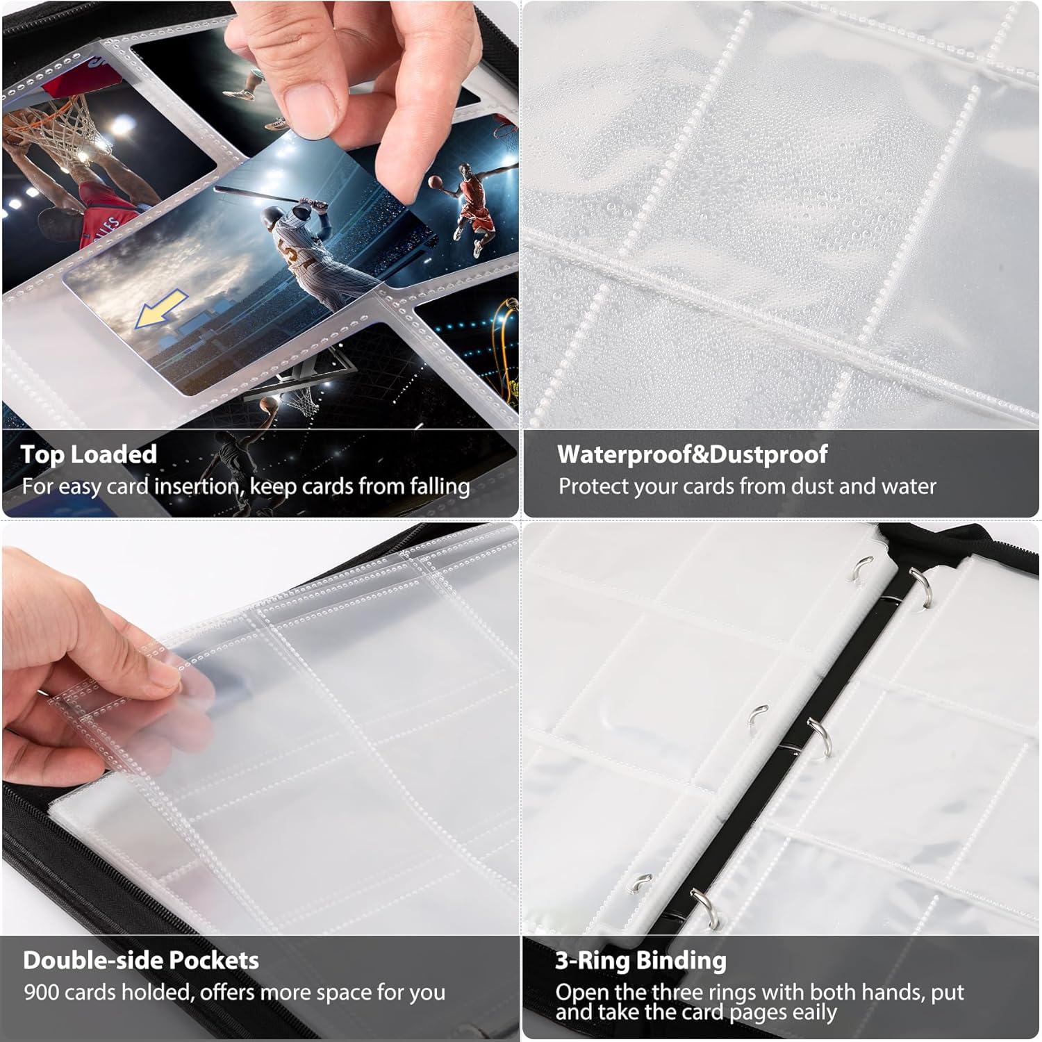 WOT Trading Card Binder - 900 Pocket Zippered Holder for Baseball & Football Cards | Double-Sided Design