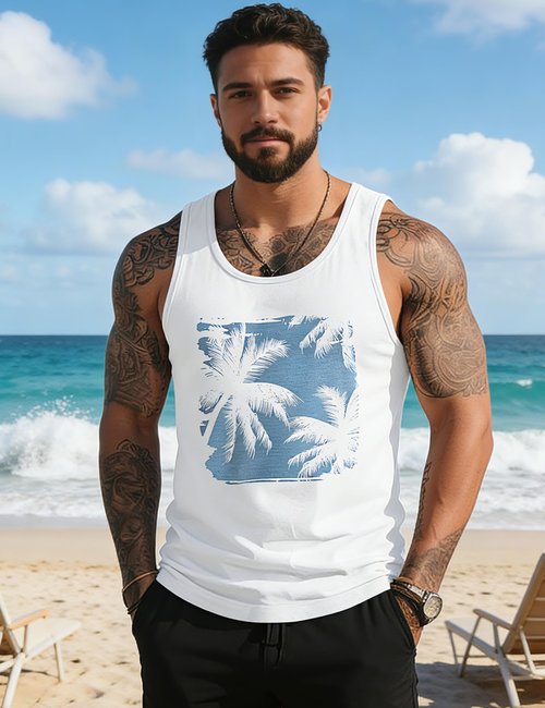 Gosuif Tank Tops Men Graphic Mens Beach Tank Tops for Men Summer Palm Tree Printed Hawaiian Sleeveless Workout Shirts for Men Muscle Gym Running Tank Top for Men White X-Large