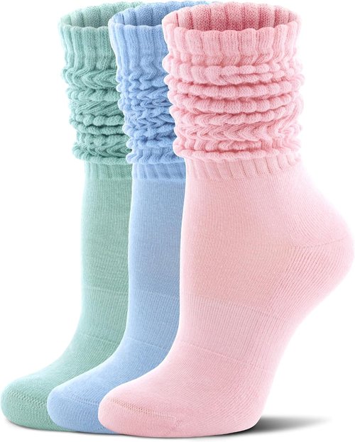 FITRELL Knee High Slouch Socks for Women - 3 Pairs of Soft Cotton Scrunch Tube Socks