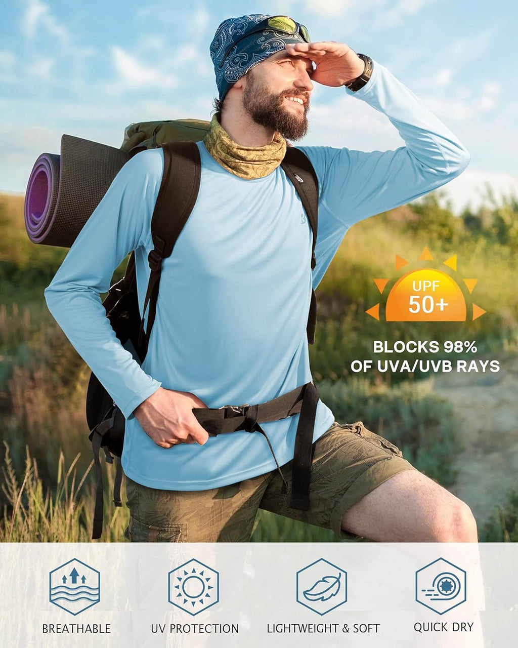 Roadbox UV Sun Protection Shirts - Men's Long Sleeve SPF 50+ Rash Guard for Outdoor Activities