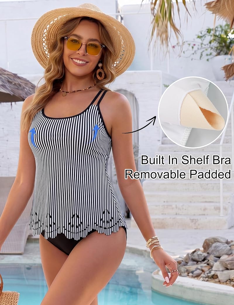 Striped X-Large Blooming Jelly Tummy Control Tankini 2-Piece Swimsuit