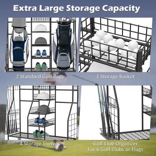 GYMAX Golf Bag Organizer, Golf Storage Garage Organizer with Lockable Wheels & Golf Club Side Rack, Extra Large Golfing Equipment Rack for Golf Accessories Garage Organizer (2 Compartment)
