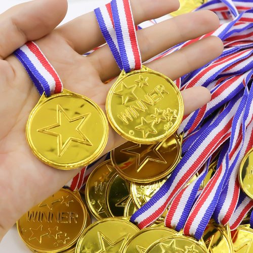 Gold Plastic Winner Award Medals by [Brand Name] - 50 Pack with Ribbon Necklaces for Sports & Competitions