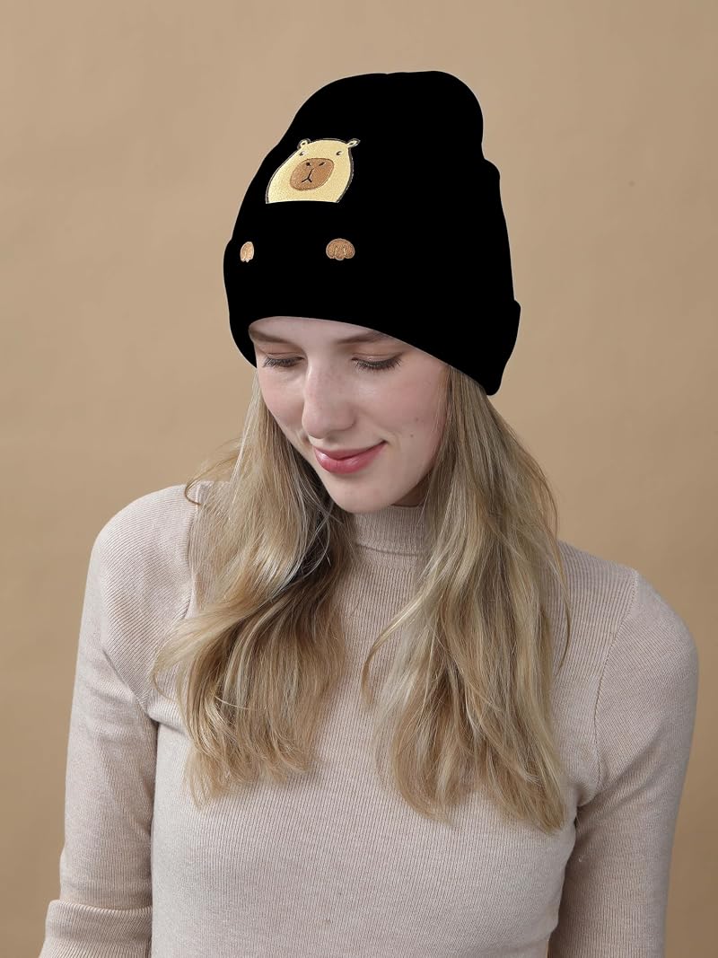Capybara Embroidered Knit Beanie - Funny Capybara Gift for Women & Men, Variation Black1