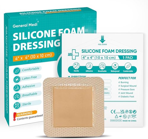 General Medi Waterproof Silicone Foam Island Dressing - 4" x 4" Sterile Wound Care Pads (10 Pack) | Soft, Absorbent & Adhesive