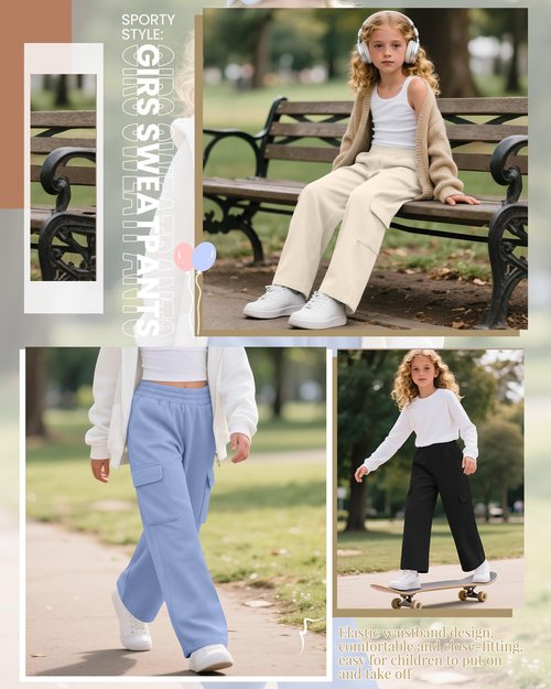 LessonZoo 4 Pack Girl's Wide Leg Sweatpants with Cargo Pockets Baggy Elastic High Waist Pants Kids Casual Athletic 5-14Y(Cream, Pink, Light Blue, Black,13-14 Years)