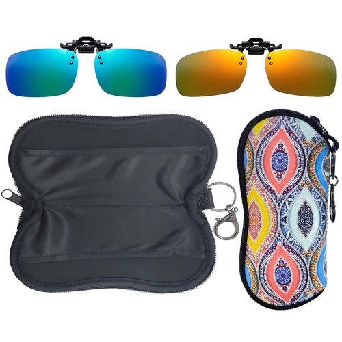 WOKCHUERY Clip-On Sunglasses, 2 Pcs with Soft Case,Polarized UV Protection Glare Reduction‌,Flip Up For Driving Travel Sport (RoyalAurora)