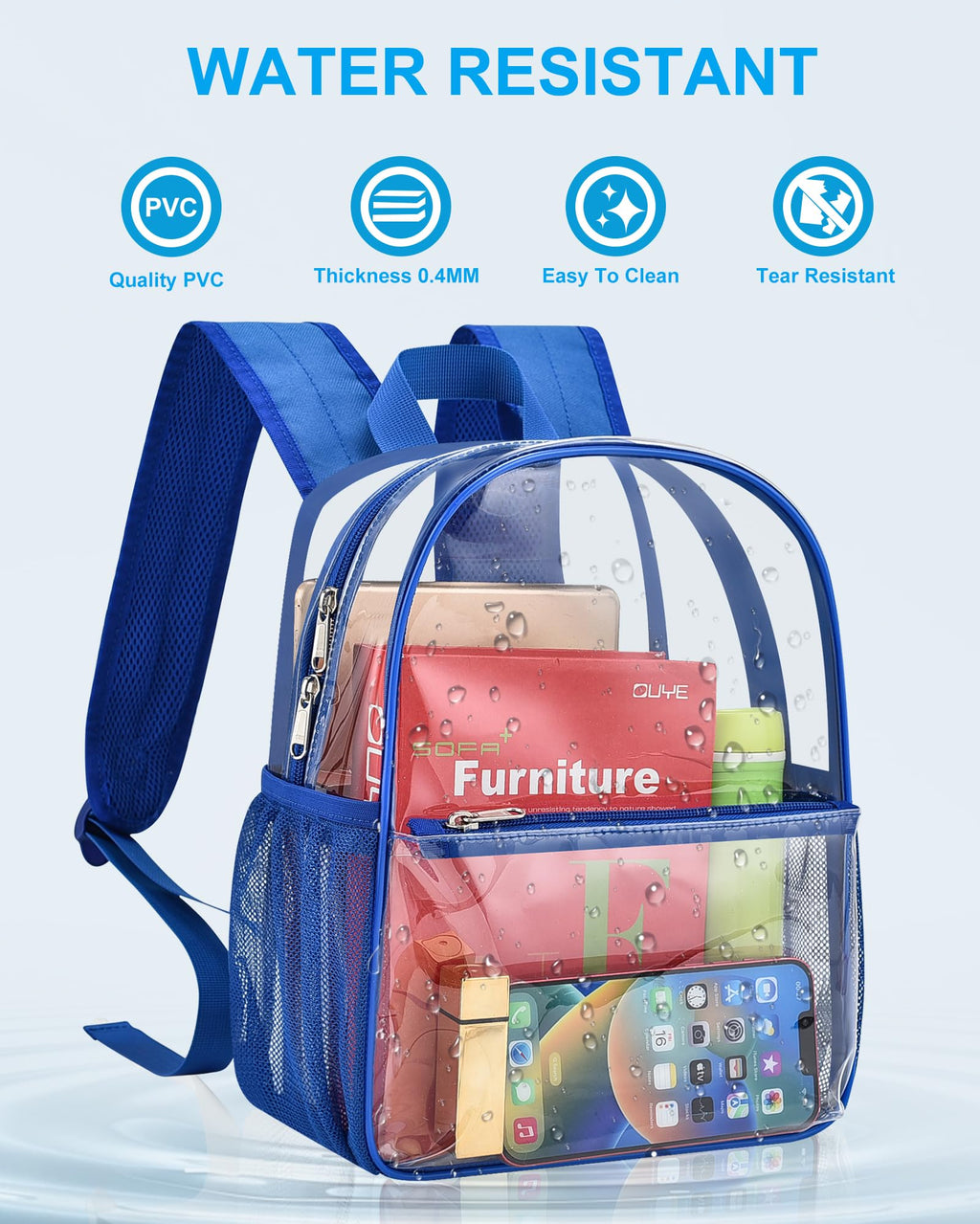 Paxiland Clear Backpack Stadium Approved, Size 12x9x4 Small Clear Bag for Stadium Events with Front Pocket, See Through Backpack for Sport Events Concert, Blue