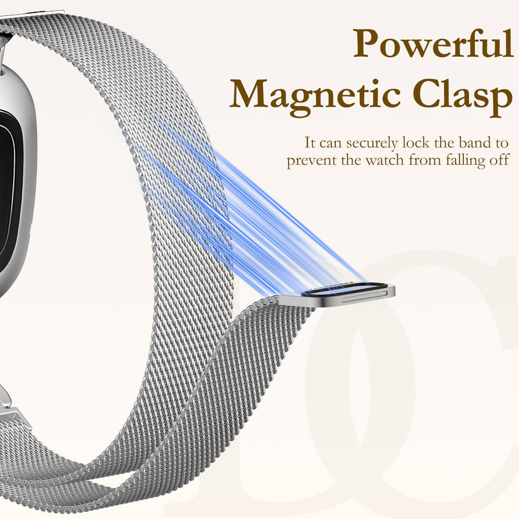Ouwegaga Metal Band Compatible with Fitbit Versa 4 Bands/Sense 2/Sense/Versa 3 Bands for Women Men, Stylish Slim Stainless Steel Milanese Mesh Loop Magnetic Strap Compatible with Fitbit Smartwatch