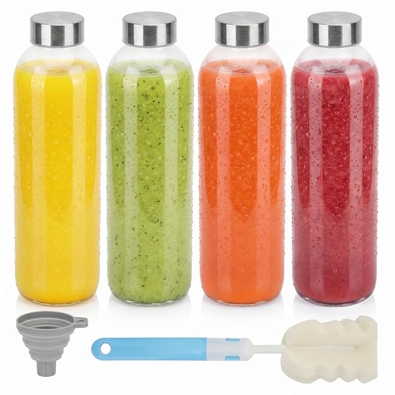 24 oz Clear Glass Juice Bottles with Stainless Steel Lids - 4 Pack (Variation: 24.0 fl oz, Silver Lids)