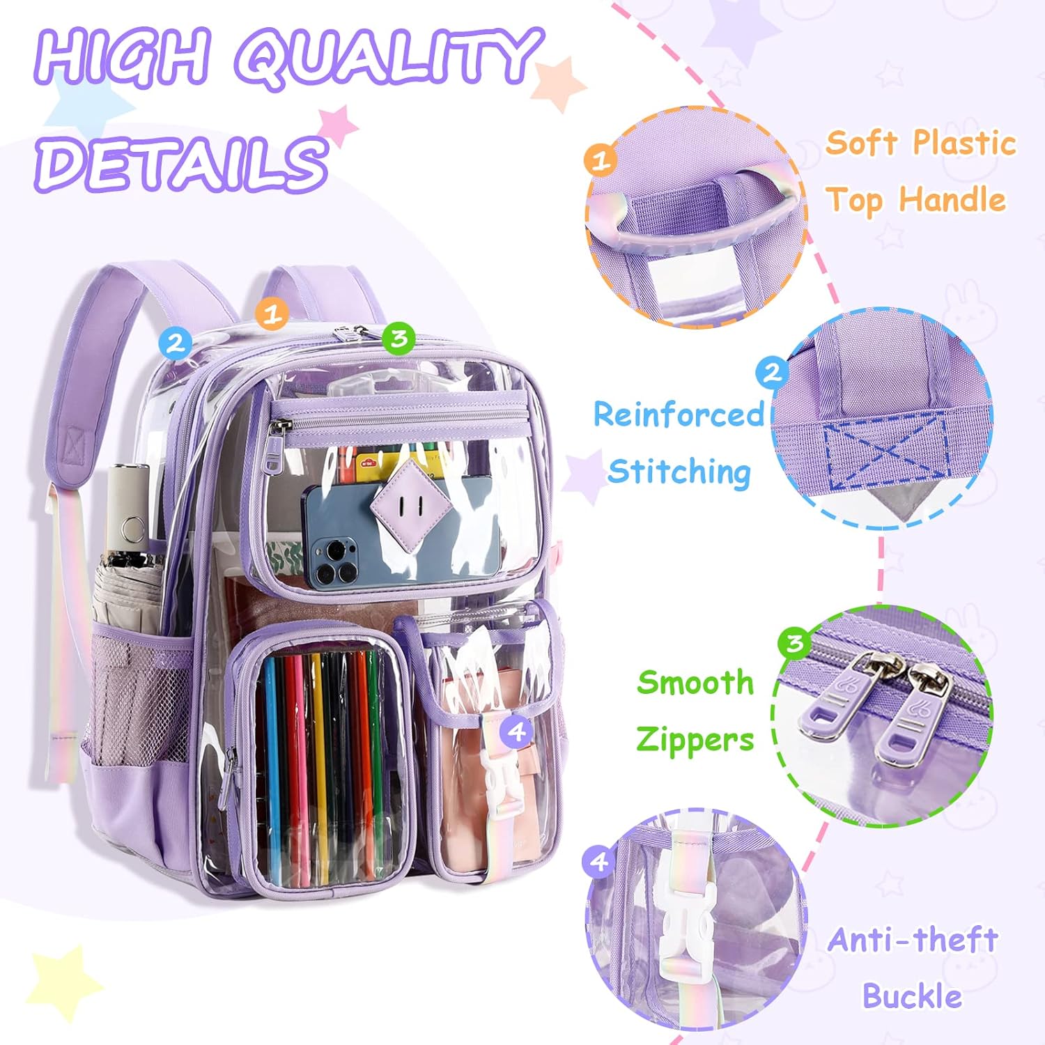 PIG PIG GIRL Clear Backpack for School,Heavy Duty PVC Transparent Bookbag for Girls Stadium Approved See Through Backpack