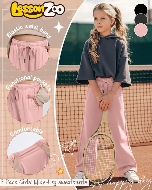 LessonZoo 3 Pack Girls' Sweatpants Wide Leg Drawstring Casual Kids Joggers Open Bottom Loose Solid Teen Pants with Pockets(Light Pink, Dark Gray, Black,Large)