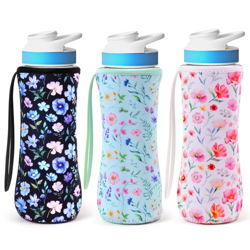 2ooya Water Bottle Sleeve for Cirkul 22 oz 3Pcs Flower Neoprene Insulated Water Bottles Cover Holder Carrier Bag with Handle Strap Compatible with 22oz Plastic & Stainless Steel Cirkul Accessories