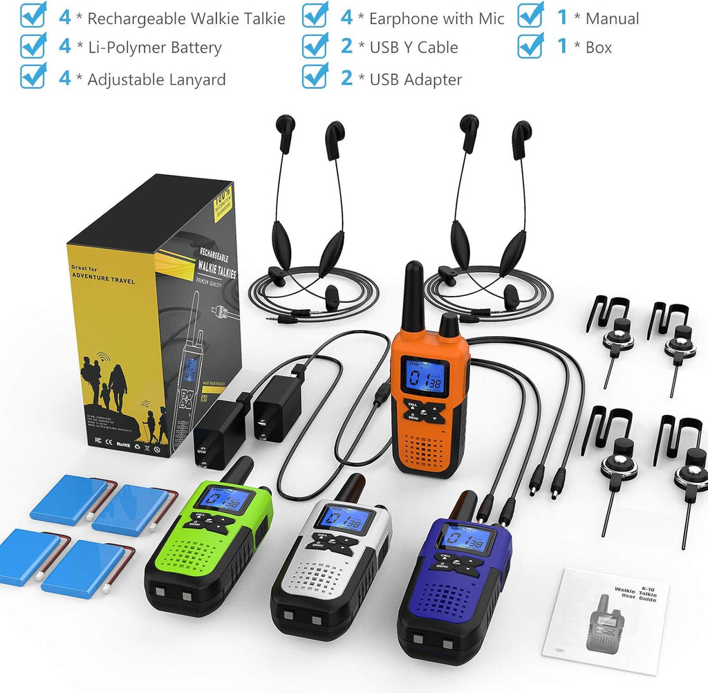 Topsung Walkie Talkies - Long Range Rechargeable 2-Way Radios with Earpiece | NOAA Weather Alert - 4 Pack for Family Adventures