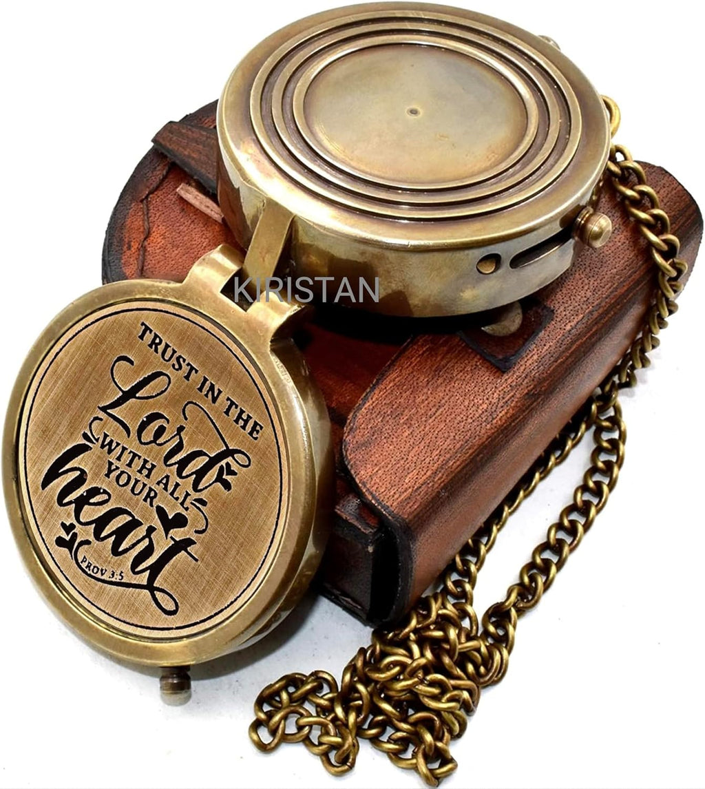 Trust In The Lord Compass - Engraved Antique Brass Pocket Compass with Leather Case | Faith Keepsake Gift for Men & Women